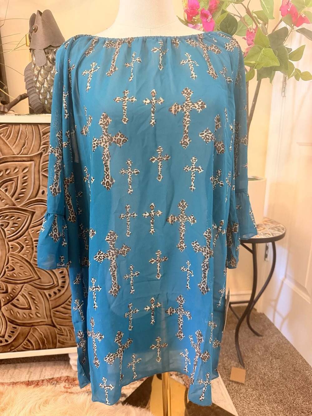 Cowgirl Hardware Leopard Cross Tunic Size 1X Aqua Blue Chiffon